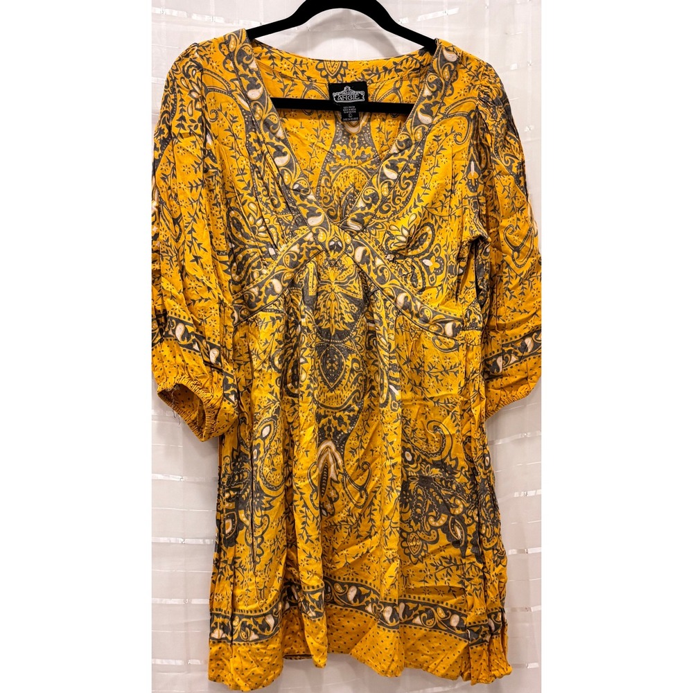 Angie Mustard Yellow Paisley Boho Tunic Top V-Neck Smocked Back Large